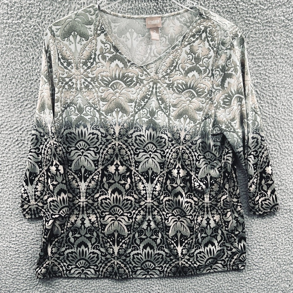 Chicos Women Floral Blouse L Polished Career Modern Corporate V Neck Long Sleeve